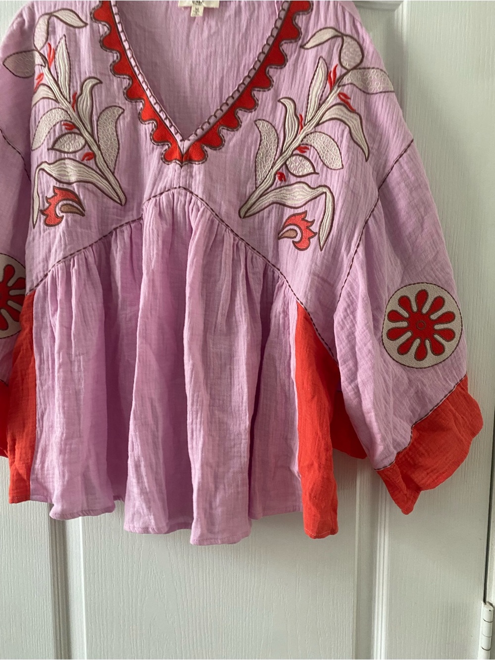 Easel Boho Embroidered V-Neck Cotton Gauze Peasant Babydoll Tunic Pink Top  M - Picture 3 of 12